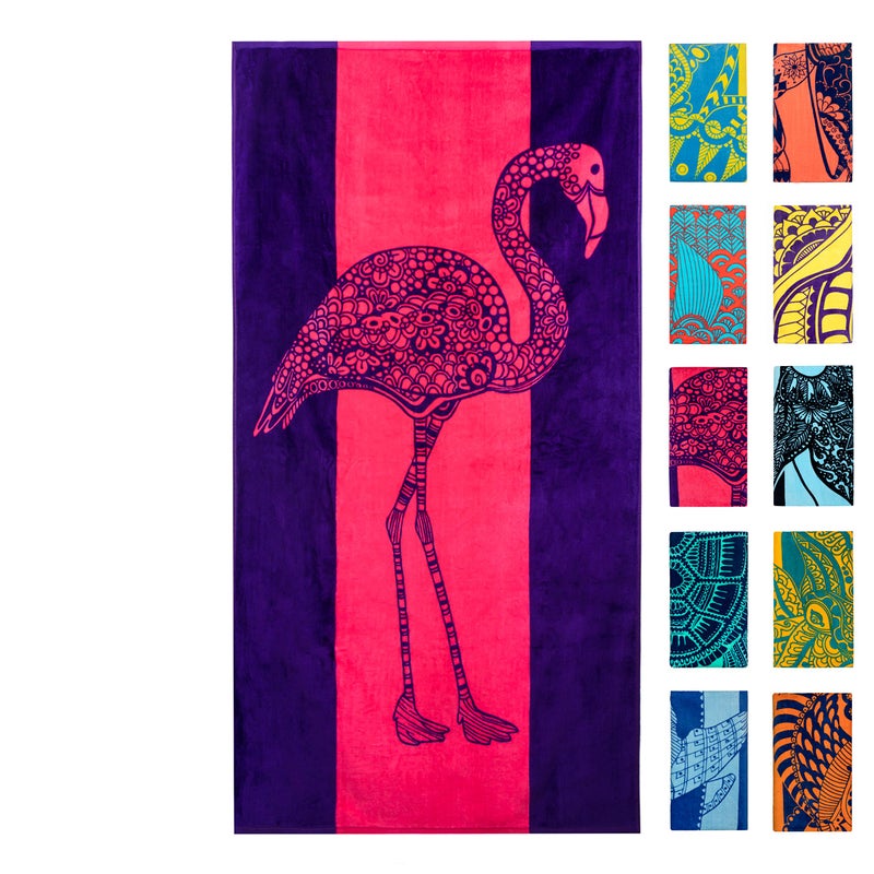 Nova Blue Flamingo Beach Towel â€“ Pink and Purple with A Cute Design, Extra Large, XL (34â€x 63â€) Absorbent & Portable, Lightweight, Pink Beach Towel, Made from 100% Cotton - Image 1
